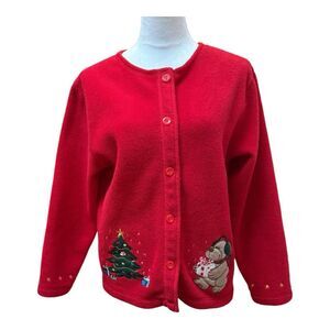 CB Casual Red Fleece Holiday Christmas Appliqué Button Front Cardigan Size PM